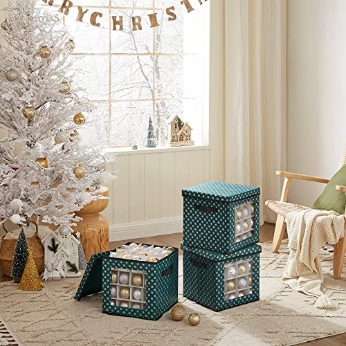 SONGMICS Christmas Bauble Storage Boxes, Set of 3 Storage Cube Bins for Christmas Decorations, 64 Box Places, Modular Dividers, 30.5 x 30.5 x 30.5 cm, Green RFB029G01