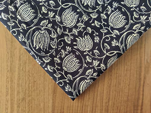 AVKA Studio Hand Block Print Fabric by The Yard - PRECUT 3 Yards 42 inch Width - 100% Cotton Material - Black and Cream Floral Pattern - Light Weight Cloth for Making Kurti Summer Dress etc, 44 Inches