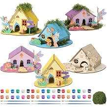 DoubleFill 6 Sets Wooden Fairy House DIY Kit Craft - DIY Fairy Garden with Paints & Decorations - Arts Crafts & Birthday Gift for Craft Activity Party Decor Lovely Short
