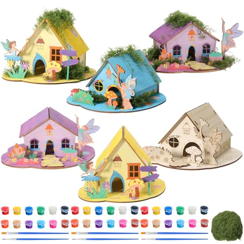 DoubleFill 6 Sets Wooden Fairy House DIY Kit Craft - DIY Fairy Garden with Paints & Decorations - Arts Crafts & Birthday Gift for Craft Activity Party Decor (Lovely Short)