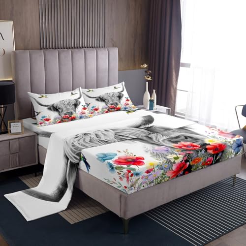 Erosebridal Highland Cow Bed Sheets King, Red Poppy Floral Fitted Sheet for Teens Boys Girls Adult, Hummingbird Western Funny Animals Sheet Set Cattle Bull Cattle Wild Animals Farmhouse Flat Sheet