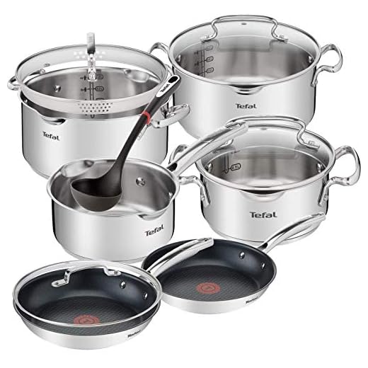 Tefal Premium Plus induktion kastrullset med sil 11 delar, kastrull non-stick rostfritt stål stekpanneset 24 och 28 cm Jamie Oliver glaslock 28 cm soppslev och kastruller, 18/10 stål