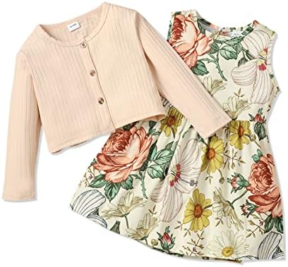 PATPAT Long Sleeve Toddler Dress Toddler Girl Floral Print Sleeveless Dress and Cardigan Set 2 Piece