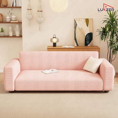 Image of Lukzer 4 Seater Pastel Pink Dotted Stripe Pattern Sofa Cover | 240 GSM Universal Stretch Fit Jacquard Fabric Couch Protector | Fully Covered Anti Slip & Washable Sofa Cover (SC-068-04 /230-300cm)