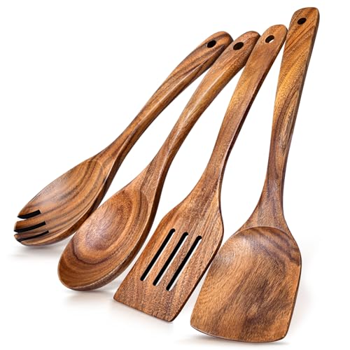 4Pcs Wooden Spoons for Cooking, Acacia Wood Kitchen Utensils Set for Nonstick Pans, Smooth Finish Cooking Utensils with Long Handle, Wooden Spatula for Cooking, Mixing, Baking