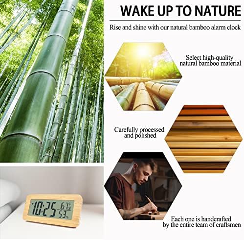 Alarm Clocks Bedside Battery Powered, Digital Alarm Clock with Temperature and Humidity, Bedroom Bamboo Wooden Alarm Clock, Small Silent Digital Alarm LED Clock Large Display for Study and Office