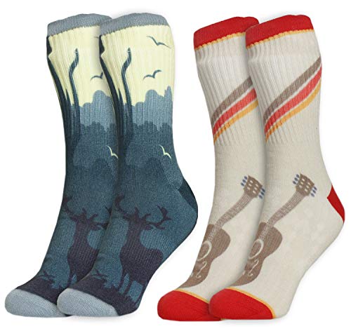 2-Pair Mens Novelty Crew Socks - Woods and Guitar Print, Casual Trouser Socks
