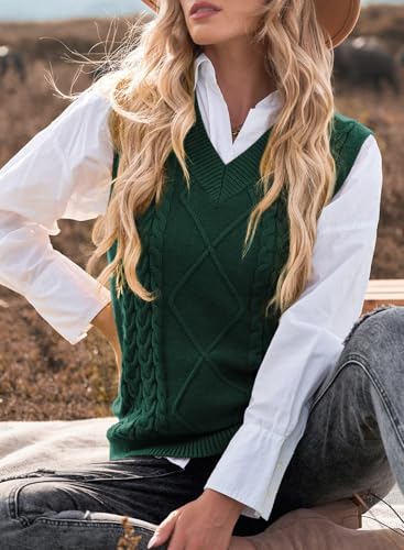 Image of EVALESS Oversized Sweater Vest for Women V Neck Sleeveless Cable Knit Tops