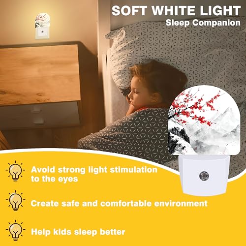 Image of Night Light, Plum Blossom and Snow Mountain Night Lights Plug into Wall Dusk to Dawn Sensor Round Nightlight for Women Men Energy Efficient Led Lamp 0.5W for Stairway Hallway Bedroom