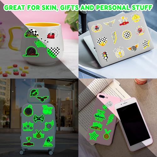 Image of 96 PCS Checkered Flag Pre-Cut Luminous Glow in the dark Temporary Tattoos | Super Cute Themed Birthday Party Favors, Supplies, Decorations, Race Car Fake Tattoo Stickers Gifts for Boys Girls