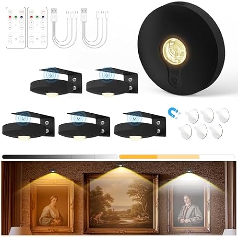 Yiliaw Picture Lights with Remote, Rechargeable Wall Lights 1500mAh LED Wall Sconce 3 Color Temperatures & Dimmable Magnetic Light for Wall Decor, 6 Pack, Black Cover