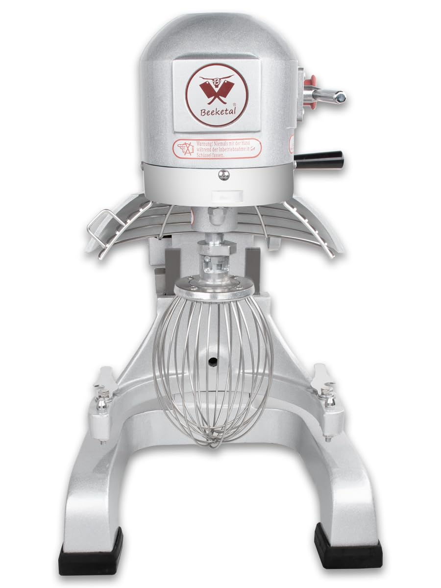 Beeketal 'BSM10P' Profi Teigknetmaschine mit Planetenrührwerk 10 Liter Kapazität (3 Stufen 105, 170, 340 U/min), Knetmaschine inkl. Knethaken, Schneebesen und Flachrührer - silber lackiert