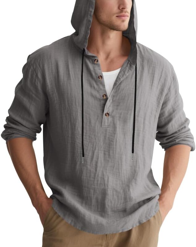 LIZALIG Men's Cotton-Linen Sweatshirt 1/2 Button Hooded Solid Color Casual Sweatshirts for Vacation and Daily Wear - Image 2