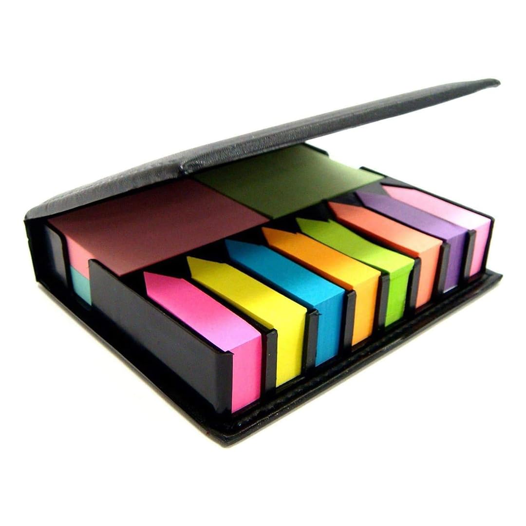 2000pcs Sticky Memo Notes Holder with Index Tab Flags in Leather Like Case, Colourful Removable Adhesive Memo Pads for Office, Home & School Use (Package May Vary)