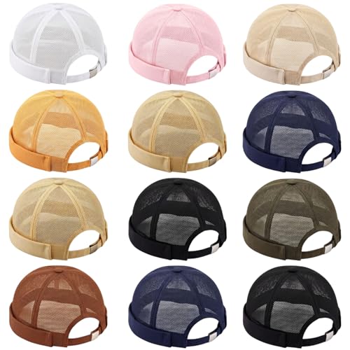 Image of Vabean 12 Pieces Brimless Hat Docker Cap Adjustable Skull Caps for Men Women Rolled Cuff Brimless Beanie Hat, Assorted Color