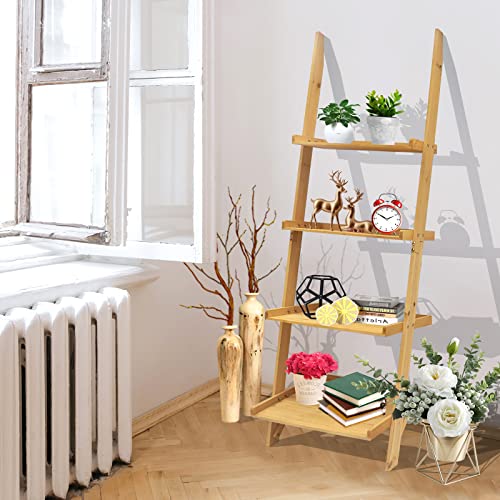Eurosakura 4 Tier Ladder Shelf Plant Stand Flower Pot Display Shelf Wooden Rack For Indoor Outdoor Home Patio Lawn Garden Balcony, Natural #TOP6