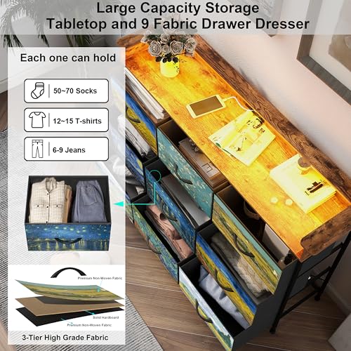 Image of EXOTICA Welfuturer Dresser for Bedroom Van Gogh Dressers with 9 Drawers Chest of Drawers Fabric Clothes Drawer Fabric Closet Organizer for Living Room Entryway Nursery Sturdy Steel Frame Wood Top