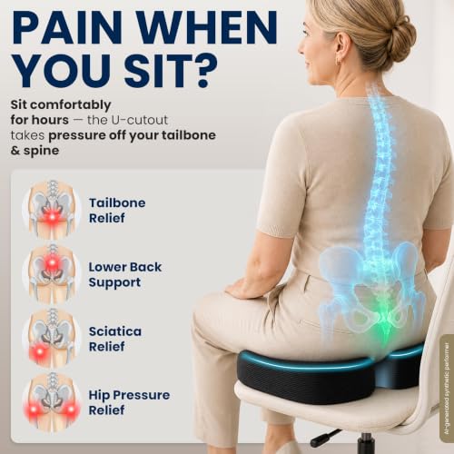 Image of 5 STARS UNITED Seat Cushion - Memory Foam Chair Cushion for Tailbone Pain Relief - Ergonomic Support for Coccyx, Sciatica & Butt - Office, Desk & Gaming Chair, Car Seat, Wheelchair, Airplane, Black