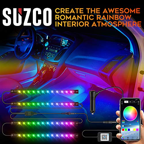 SUZCO Interior Car Lights, 4pcs 48 LED Lights for Car with Bluetooth & App Control, DC 12V 2-in-1 Multicolor Music Car Lighting Kit with Car Charger - Thumbnail 5