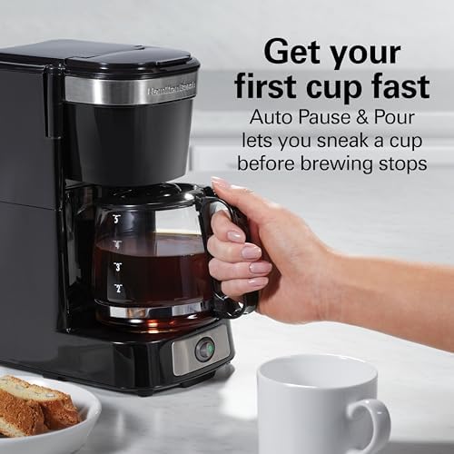 Hamilton Beach 5 Cup Drip Coffee Maker with Easy FrontFill Basket, Compact Design, Works with Smart Plugs, Glass Carafe, Auto Pause and Pour, Black & Stainless Steel (46112) - Thumbnail 3