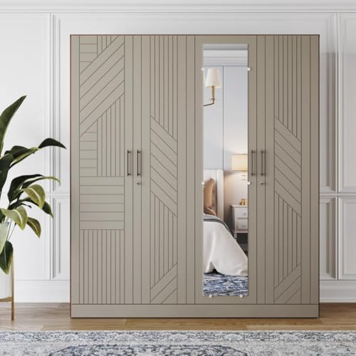 Image of Wakefit Tyrian Plus 4 Door with 4 Shelves 2 Drawers 2 Hanging Areas 1 Mirror SH2-Carcass: Columbian Walnut Shutter: Creamy Brown