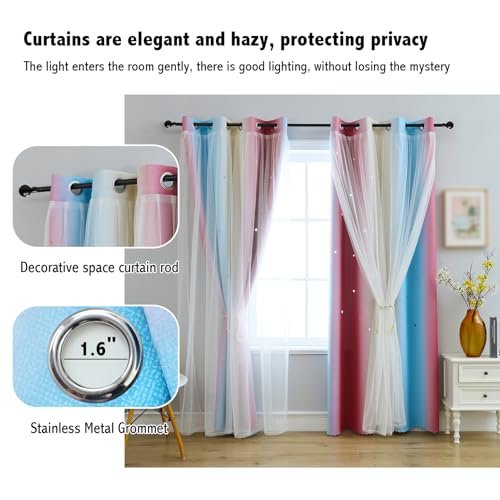 Image of Anytime Double Layer Dreamy Star Blackout Curtain 1 Panel W52 x L63,Purple | Princess Style Window Drapes for Kids Room Elegant Decor for Daughter Bedroom Living Room Soft Fabric Design