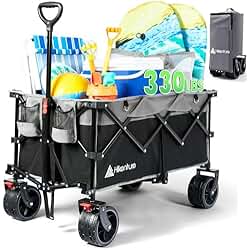 Hikenture Collapsible Wagon Cart with Cargo Net, 220lbs Capacity Beach Wagon with Big Wheels for Sand, Heavy Duty Foldable Wagon with Brakes, Portable Utility Folding Garden Cart for Outdoor