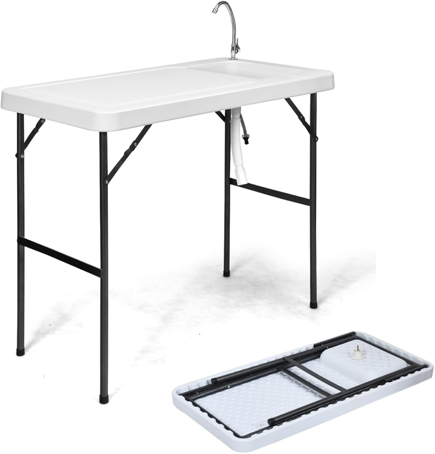 COSTWAY Folding Camping Sink Table, Fish Cleaning Cutting Station with