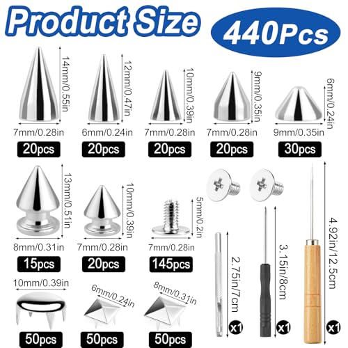 NEBURORA 440-teiliges Punk Spikes und Nieten Set für Kleidung, Metall-Ledernieten, quadratische Pyramiden-Kuppelnieten, DIY-Punk-Stil, Kleidung, Schuhe, Jacke, Kragen