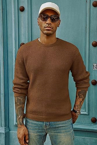 Image of ColorChakra Waffle Knit Mens Sweater Woolen Round Neck Wool Pullover