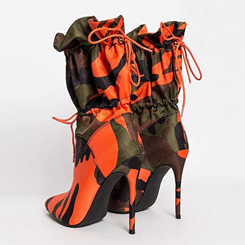 YIYA Sexy Camouflage Pointed Toe Mid-Calf Boots for Women Orange Stiletto High Heels Boots Elastic Lace Up Fabric Stretchy Ankle Booties2