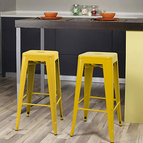 Butaco metálico Furniwell de 30 pulgadas, con respaldo alto y sin respaldo, para interior y exterior, apilable, con asiento cuadrado, juego de 4 (amarillo) miniatura 6