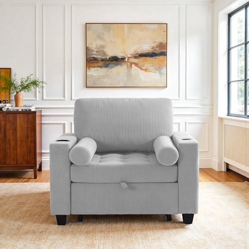 Image of 3-in-1 Sleeper Chair Pull Out Sofa Bed, Convertible Reclining Seat Upholstered Armchair, Adjustable Backrest Recliner Chair with Side Pockets, Cup Holder & USB Ports - Light Gray