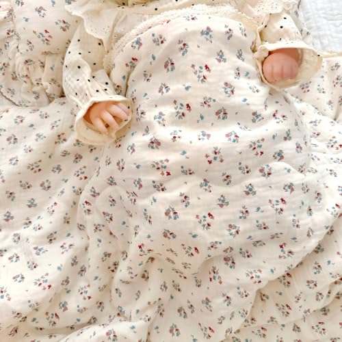 Image of BuLuTu Cotton Muslin Quilted Blanket for Toddler /Twin Bed, Soft Breathable Children Comforter with Lace Edge, Chic Shabby Reversible Floral Quilt, Kids Boys Girls Gauze Cotton Bedding, 60x78 Inches