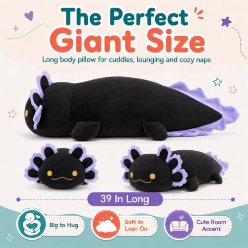 Image of BENINY Large Black Axolotl Plush Toy, 39 inch Giant Axolotl Stuffed Animal Plush, Big Toys Gift for Girls Kids, Long Squishy Pillow for Holiday Birthday Christmas