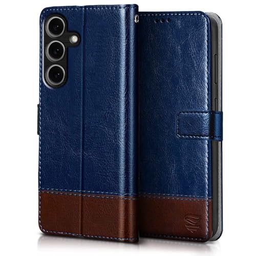 Image of FLIPPED Vegan Leather Flip Case Back Cover for Samsung Galaxy S25 5G (Flexible, Shock Proof | Hand Stitched Leather Finish | Card Pockets Wallet & Stand | Blue with Brown)