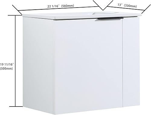 Miniatura 2 de Pvillez Juego de tocador de baño flotante de 22 pulgadas con lavabo, moderno tocador de baño montado en la pared con lavabo de cerámica y puerta de