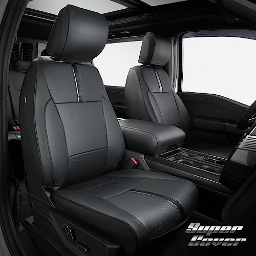 Super Cover® for Ford F150 Seat Covers 2021 2022 2023, Only Fit for F150 1st Row Bucket Seat Crew Cab(XL,XLT), Black with Carbon Fiber Waterproof Leather Custom Fit Truck Seat Protector Accessories