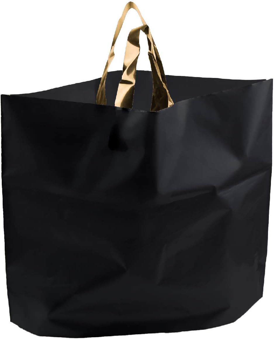Retail Shopping Bags for Boutique - Large 14x18 Black Gift Bags with Handles Extra Thick Reusable Plastic Grocery Bags, 50pcs Bulk