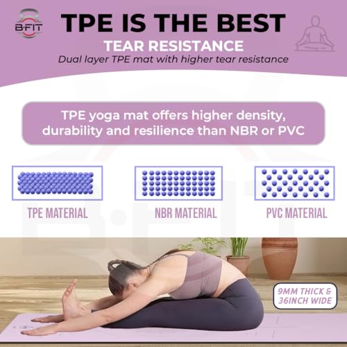 Image of B Fit Extra Wide 36x72 Inchs 9 MM Thick Original TPE Yoga Mat - Free Yoga Bag and Strap Included - With Alignment System, Non-slip, Eco-friendly, sweat-resistant (Dark Purple-Ligt Blue)