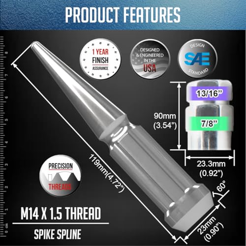 Image of Wheel Accessories Parts 20 Pcs + 1 Key M14x1.50 14x1.50 Thread Spike Spline 4.40 inch Long Lug Nuts Chrome Truck Spline Hex Fits Chevy C1500 | GMC 1500 | RAM 1500 Classic | Jeep Wrangler