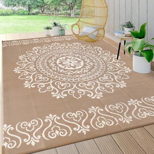 Pauwer Waterproof Outdoor Rug 8x10, Reversible Plastic Straw Patio Camping Rug, Indoor Outdoor RV Mat Carpet for Deck, Camper, Porch, Balcony, Backyard, Picnic, Floral Brown