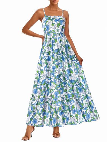 PRETTYGARDEN Women Summer Maxi Dresses 2026 Spaghetti Strap Boho Floral Striped Wedding Guest Beach Vacation Flowy Long Dress(Green Blue White,XX-Large)