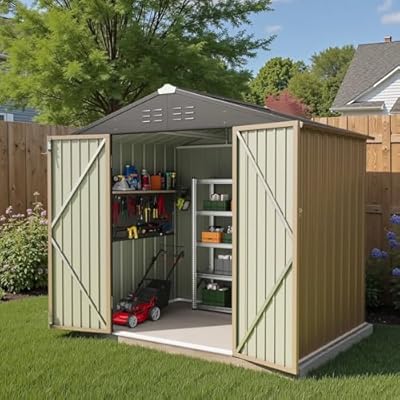 Greesum 8×6FT Outdoor Storage Shed, Metal Patio Storaged Sheds with Lockable Doors, Sheds & Outdoor Storage for Bike, Backyard, Pool and Garden, Brown