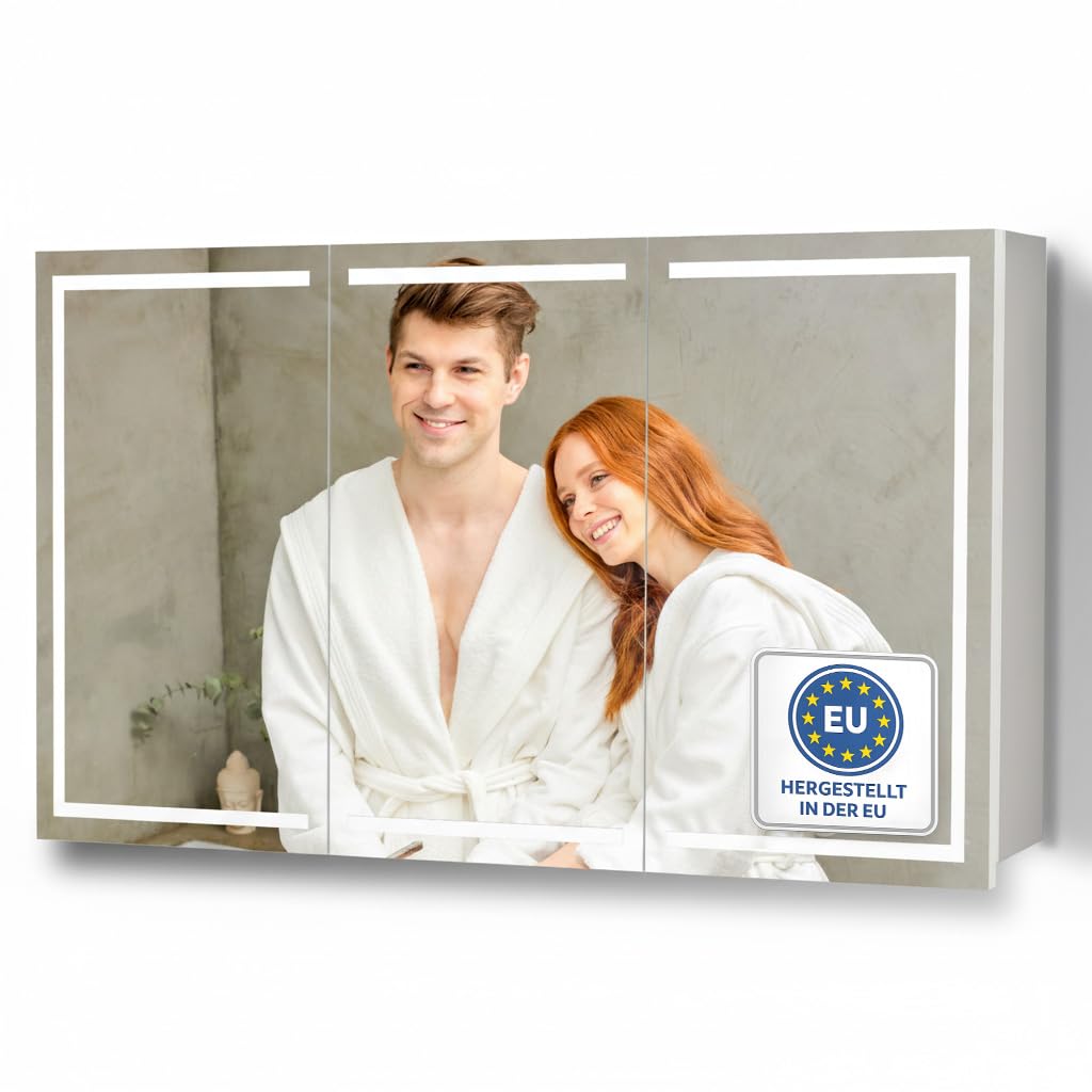 Milano Spiegelschrank Bad 100 cm, LED-Beleuchtung, Steckdose | Badspiegelschrank Weiß mit umlaufender LED-Beleuchtung, fertig montiert, Unterputz geeignet, Blum-Scharniere, Made in Europe