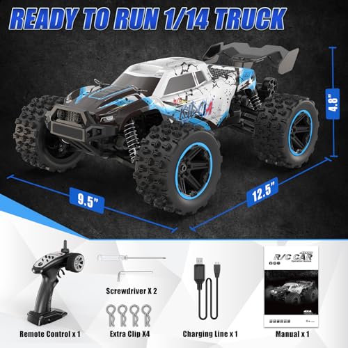 Vvoqeote 1/14 Fast RC Cars for Adults and Teens, 50 KPH 4WD Offroad RC Truck, 60 Mins Runtime, All Terrain High Speed Remote Control Car with 2 Rechargeable Batteries
