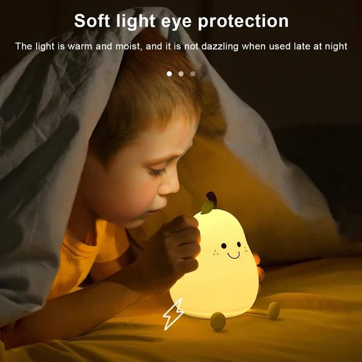 Image of XERGY Cute Pear Silicone Night Light for Kids - USB Rechargeable LED Lamp with 7 Color Changing, Tap Control, Timer Soft Bedside Night Lamp for Bedroom, Nursery, Gifts & Home Decor