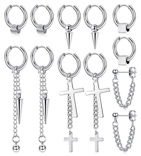 Jstyle 6Pairs 316L Stainless Steel Mens Womens Hoop Earrings Dangle Chain Earrings Punk Gothic Kpop Earrings Unisex Silver Tone
