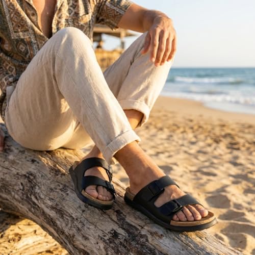Image of CUSHIONAIRE Mars Double Buckle Slide Sandals for Men with Arch Support, Cork Footbed and EVA Outsole