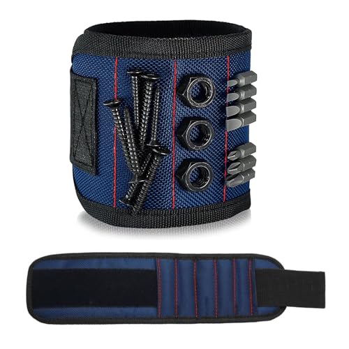 BDEPSTR Pulsera Magnética con 15 Potentes Imanes para Sujetar Tornillos Clavos Brocas, Regalo Original para Hombre Padre en Bricolaje y Construcción, Muñequera Ajustable de Velcro, Azul